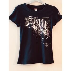Ladies Small Skin Industries Baby Tee Black Biker Logo Sleeve Vintage T-Shirt